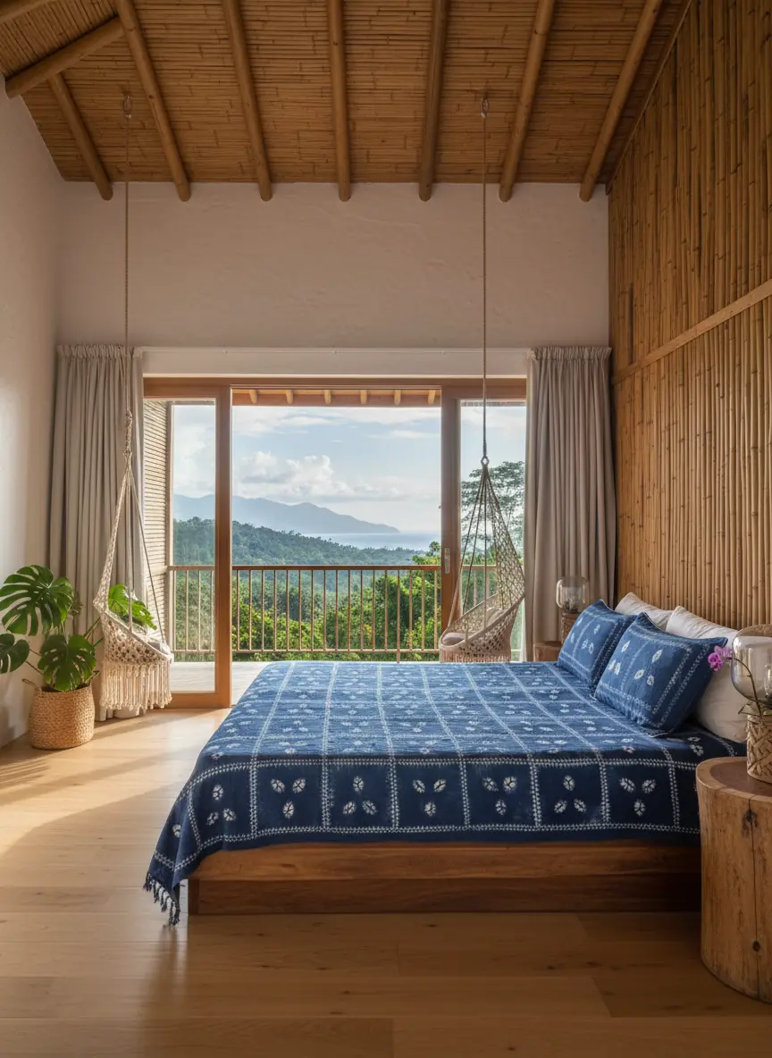 Indigo three-petal bedcover in a bamboo-lined room facing the hills