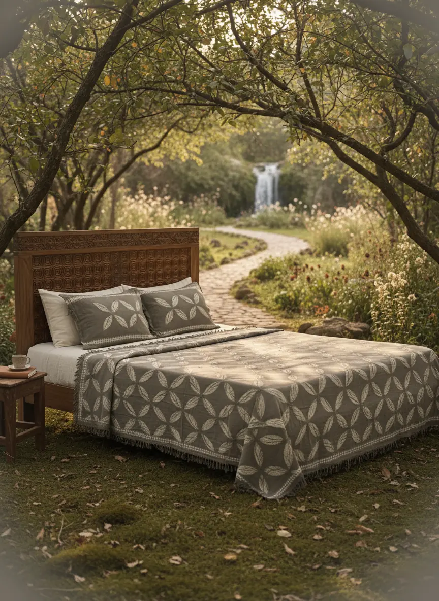 Iron-grey four-petal lattice bedcover in a garden