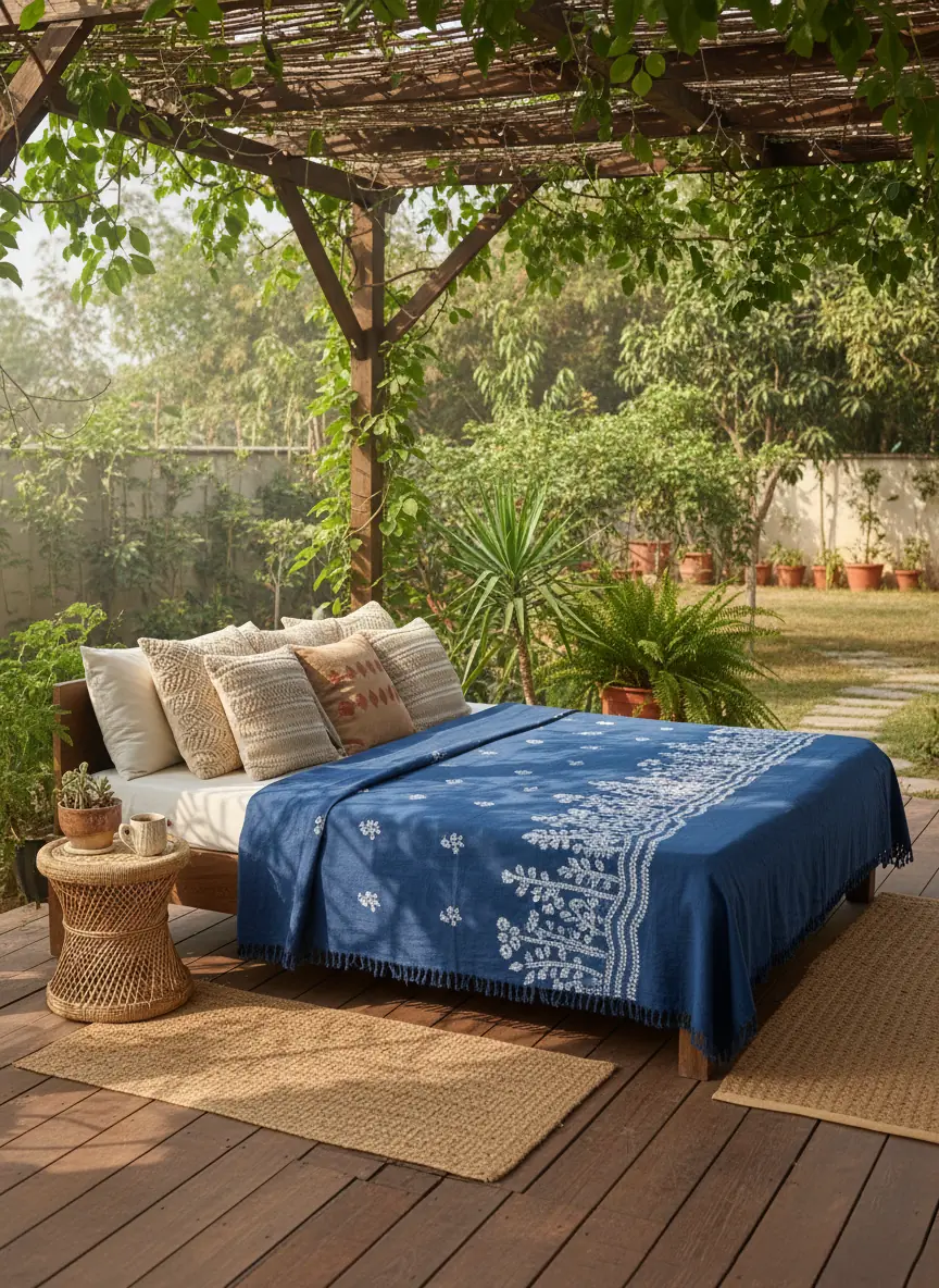 Indigo fern-border bedcover on an open-air daybed beneath a pergola