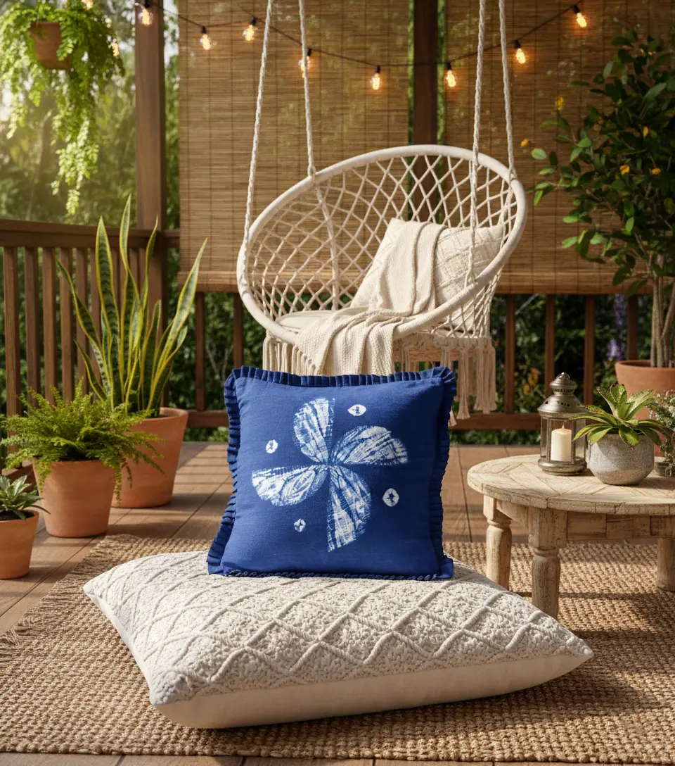 Indigo itajime pinwheel cushion on a woven floor cushion